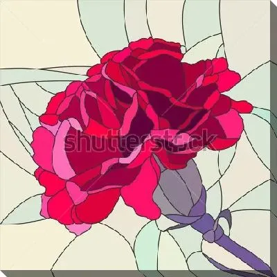 Яркая витражная иллюстрация с ярко-красным цветком гвоздики на бледно-зелёном фоне