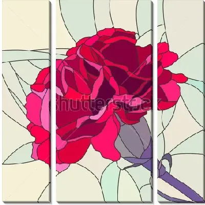 Яркая витражная иллюстрация с ярко-красным цветком гвоздики на бледно-зелёном фоне