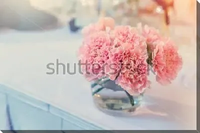 Букетик розовых гвоздик в стеклянном стакане на белой столешнице