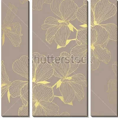 Модульная картина Элегантный золотой узор с цветами герани на тёмном фоне