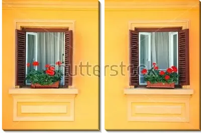 Модульная картина Алая герань на окнах на фоне яркой оранжевой стены