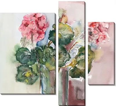 Модульная картина Акварельный натюрморт с букетом розовой герани в стеклянной вазе