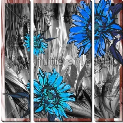 Модульная картина Красивый коллаж из синих цветов герберы на фоне полупрозрачных квадратов с цветочным рисунком