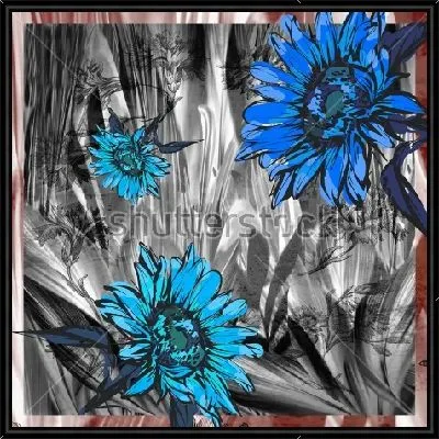 Картина Красивый коллаж из синих цветов герберы на фоне полупрозрачных квадратов с цветочным рисунком