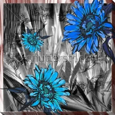 Постер Красивый коллаж из синих цветов герберы на фоне полупрозрачных квадратов с цветочным рисунком