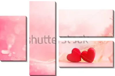 Модульная картина Нежная композиция из розового цветка герберы, красных сердечек и капелек росы на розовом фоне