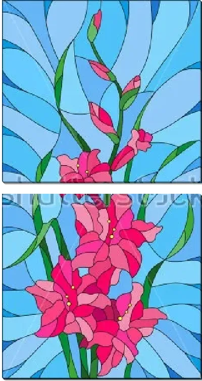 Модульная картина Иллюстрация в витражном стиле с букетом розовых гладиолусов на голубом фоне