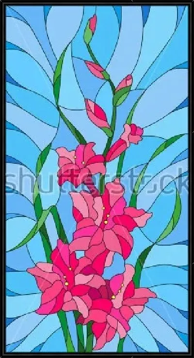 Картина Иллюстрация в витражном стиле с букетом розовых гладиолусов на голубом фоне