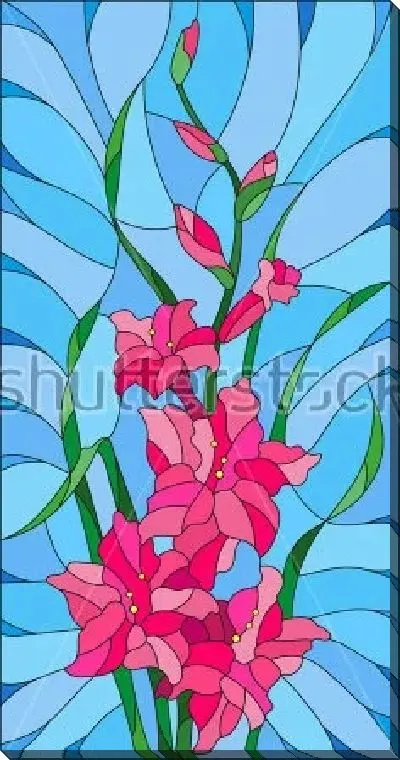 Постер Иллюстрация в витражном стиле с букетом розовых гладиолусов на голубом фоне