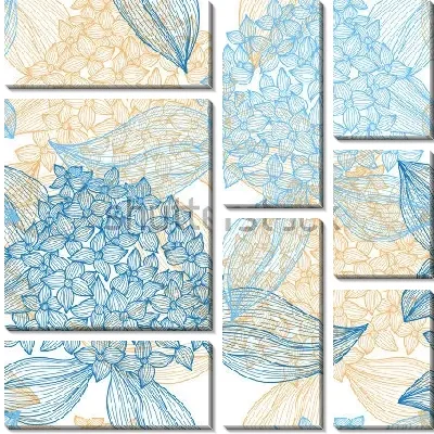 Модульная картина Изящный воздушный коллаж из цветов голубой и розовой гортензии на белом фоне