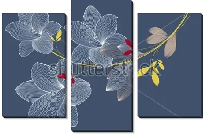 Модульная картина Изящный узор с цветами лилии на глубоком серо-голубом фоне