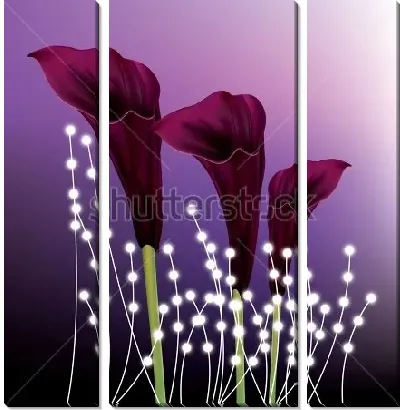 Модульная картина Яркая композиция с тёмно-бордовыми каллами и светящимися гирляндами на фиолетовом фоне