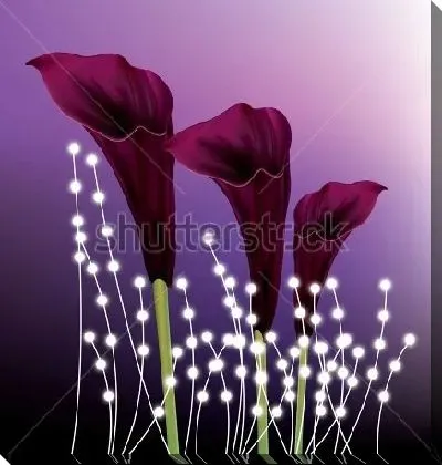 Яркая композиция с тёмно-бордовыми каллами и светящимися гирляндами на фиолетовом фоне