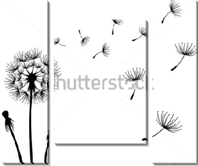 Модульная картина Одуванчик и летящие по ветру зонтики с семенами