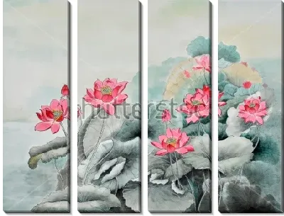 Модульная картина Красивая акварельная иллюстрация красных лотосов в японском стиле