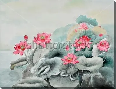 Красивая акварельная иллюстрация красных лотосов в японском стиле