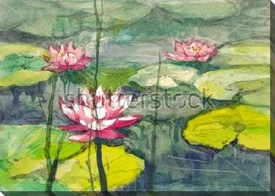 Картина маслом Яркая акварельная иллюстрация с розовыми кувшинками в пруду