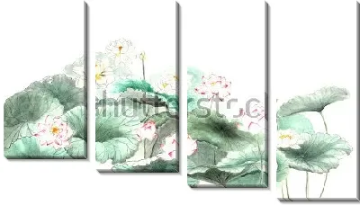 Модульная картина Тонкий акварельный рисунок кувшинок с листьями в японском стиле