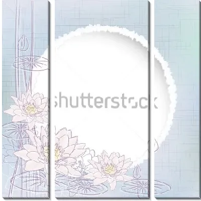 Модульная картина Иллюстрация в пастельных тонах с цветущими кувшинками на фоне стилизованного солнца на серо-голубом фоне