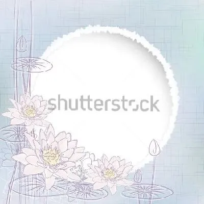 Плакат Иллюстрация в пастельных тонах с цветущими кувшинками на фоне стилизованного солнца на серо-голубом фоне