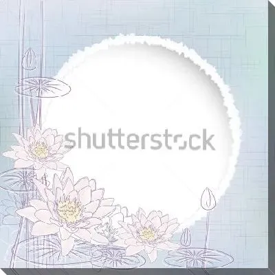 Постер Иллюстрация в пастельных тонах с цветущими кувшинками на фоне стилизованного солнца на серо-голубом фоне