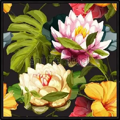 Яркая композиция с цветами кувшинок, лилий и  пальмовыми листьями монстеры