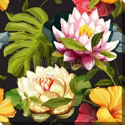 Яркая композиция с цветами кувшинок, лилий и  пальмовыми листьями монстеры