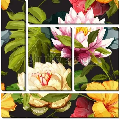 Яркая композиция с цветами кувшинок, лилий и  пальмовыми листьями монстеры