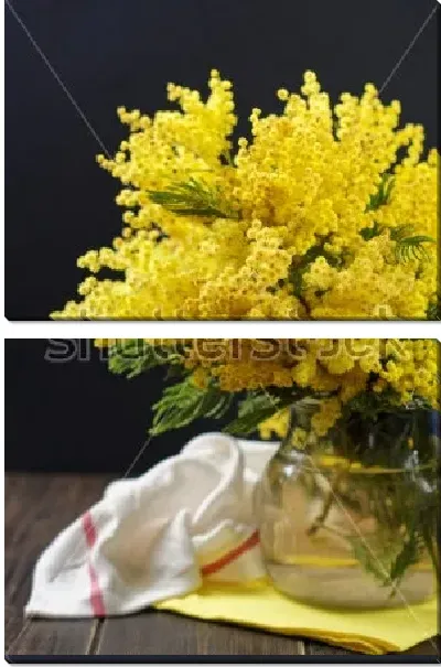 Модульная картина Красивый натюрморт с букетом жёлтой мимозы в прозрачной вазе и светлым полотенцем на столе