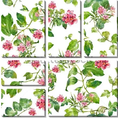 Модульная картина Акварельная иллюстрация из листьев и розовых цветов олеандра на белом фоне
