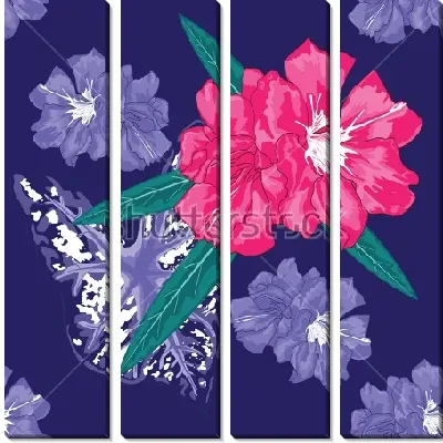 Модульная картина Яркая иллюстрация с красными и сиреневыми цветами олеандра, пёстрым листом каладиума на тёмном фоне