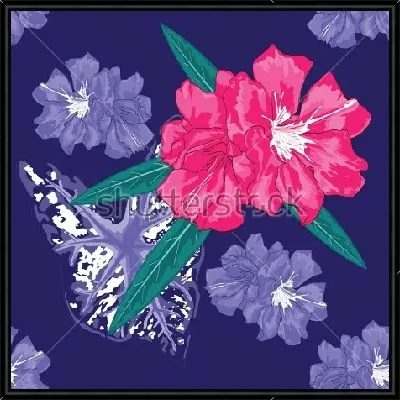 Картина Яркая иллюстрация с красными и сиреневыми цветами олеандра, пёстрым листом каладиума на тёмном фоне