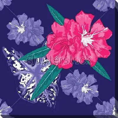 Яркая иллюстрация с красными и сиреневыми цветами олеандра, пёстрым листом каладиума на тёмном фоне