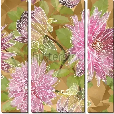Модульная картина Красивый коллаж с нежными розовыми астрами и листьями на геометрическом фоне
