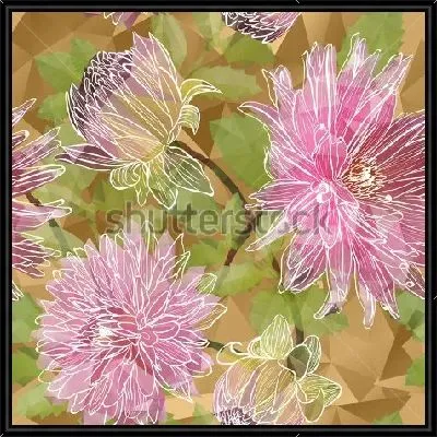 Картина Красивый коллаж с нежными розовыми астрами и листьями на геометрическом фоне