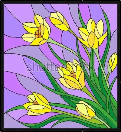 Картина Иллюстрация букета жёлтых крокусов на фиолетовом фоне в витражном стиле