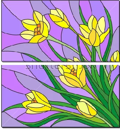 Иллюстрация букета жёлтых крокусов на фиолетовом фоне в витражном стиле