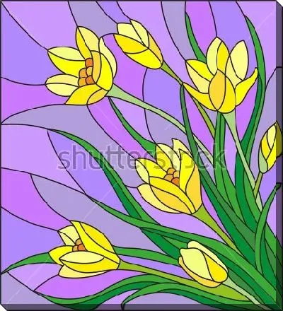 Постер Иллюстрация букета жёлтых крокусов на фиолетовом фоне в витражном стиле