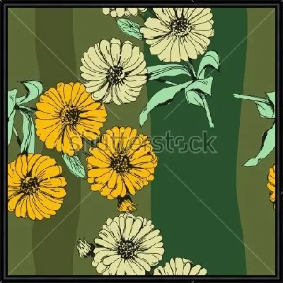 Коллаж с цветами календулы на монохромном полосатом зелёном фоне