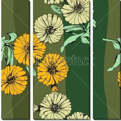 Коллаж с цветами календулы на монохромном полосатом зелёном фоне