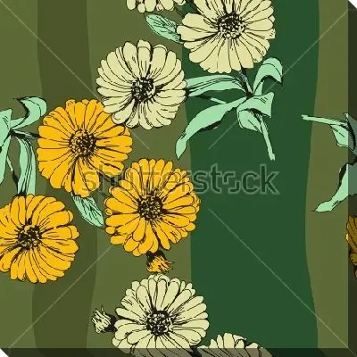 Постер Коллаж с цветами календулы на монохромном полосатом зелёном фоне