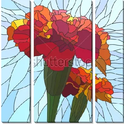 Модульная картина Красочная иллюстрация в витражном стиле с яркими цветами бархатцев на голубом фоне