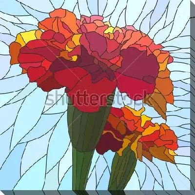 Красочная иллюстрация в витражном стиле с яркими цветами бархатцев на голубом фоне