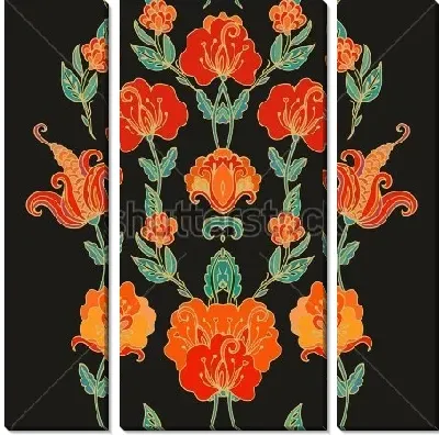 Модульная картина Декоративная композиция со стилизованными гирляндами настурции с оранжевыми цветами на чёрном фоне