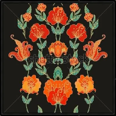 Декоративная композиция со стилизованными гирляндами настурции с оранжевыми цветами на чёрном фоне