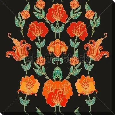 Постер Декоративная композиция со стилизованными гирляндами настурции с оранжевыми цветами на чёрном фоне