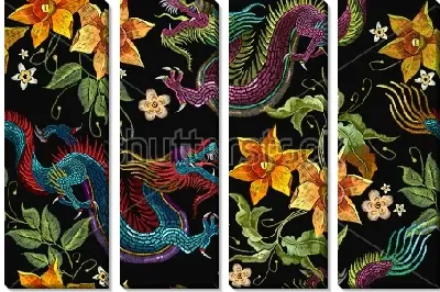 Модульная картина Красивая декоративная композиция с жёлтыми нарциссами, драконами и листьями на чёрном фоне