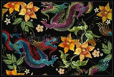 Картина Красивая декоративная композиция с жёлтыми нарциссами, драконами и листьями на чёрном фоне