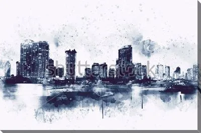 Картина маслом Акварельная монохромная иллюстрация городского пейзажа