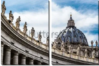 Модульная картина Вид на колоннады со скульптурами и купол собора Святого Петра в Ватикане на фоне неба с облаками